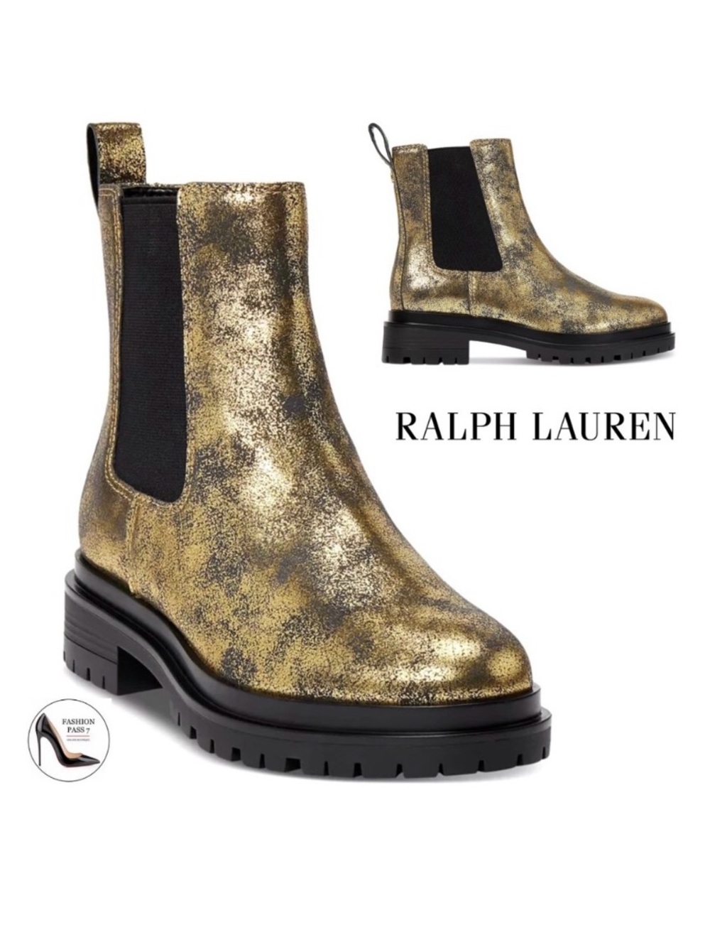 LAUREN RALPH LAUREN Corinne Boot Gold Black Suede Leather Pull-On Chelsea Bootie